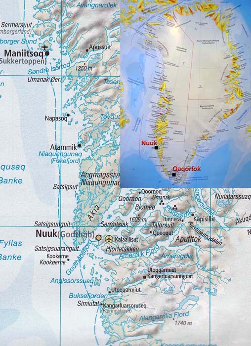 circa 500 km weiter nördlich liegt Nuuk, die Hauptstadt Grönlands (früher:Godthåb - Gute Hoffnung)