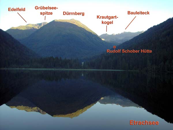 Etrachsee gegen N; der Dürrnberg verdeckt den Mittelteil unserer Überschreitung