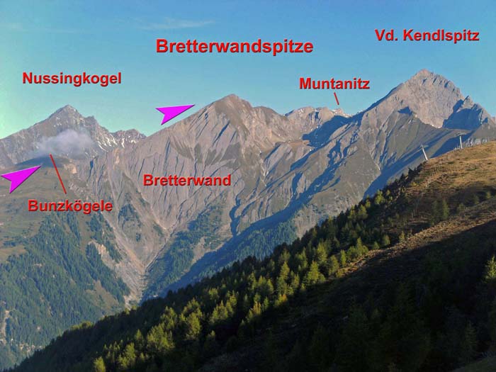 Bretterwand und umliegende Berge von S (Goldried)