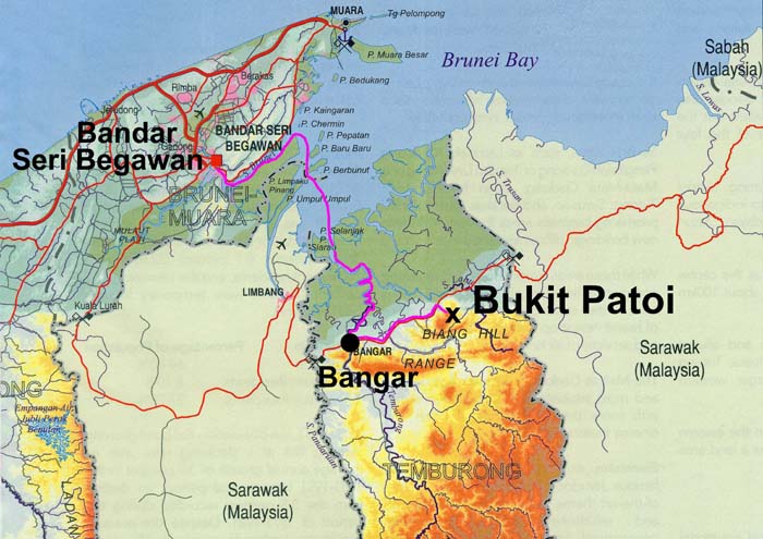 Karte des abgetrennten SO-Teils von Brunei mit der Anfahrt zum Bukit Patoi