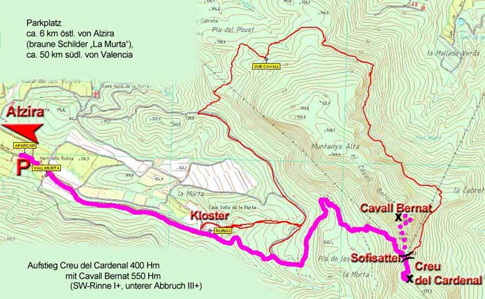 Karte; die rote Linie zeigt eine mögliche Umrundung des gesamten Massivs der Muntanya Alta