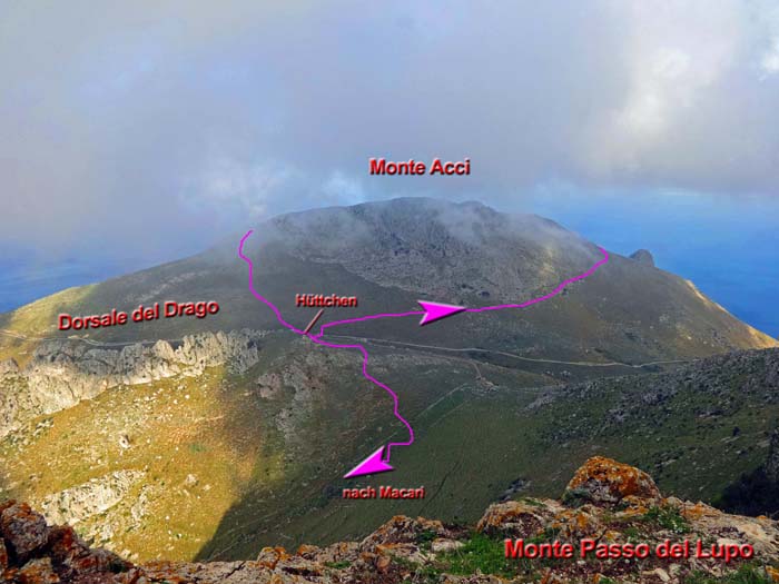 ... zum Ostgrat des Monte Acci, von dem man unseren Drachengrat aus der Vogelperspektive betrachten kann