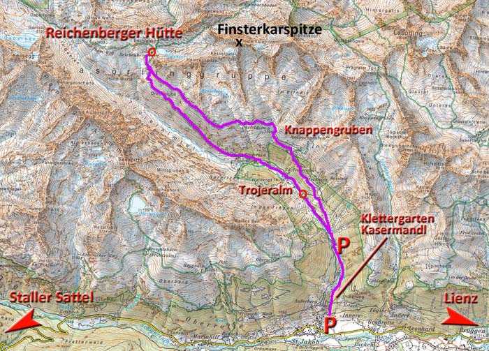 Karte 1: Zugänge St. Jakob in Defereggen - Reichenberger Hütte Karte 1: Zugänge St. Jakob in Defereggen - Reichenberger Hütte
