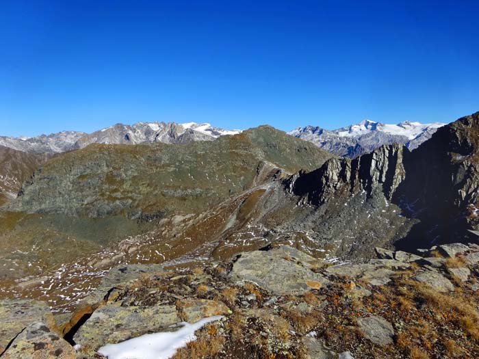 auf der Satteltiefe: die zentralen Venedigergletscher, davor die begrünte Gösleswand am Ende der Überschreitung auf der Satteltiefe: die zentralen Venedigergletscher, davor die begrünte Gösleswand am Ende der Überschreitung
