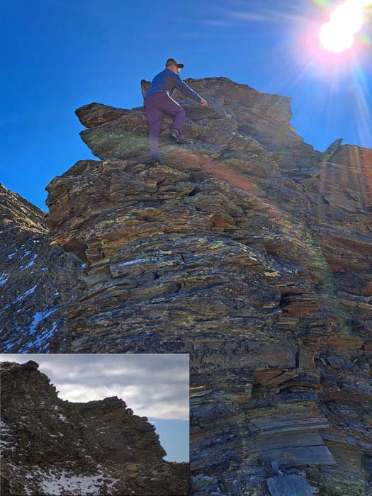 ... die erste Kletterstelle an der gutgriffigen, runden Gratkante ... die erste Kletterstelle an der gutgriffigen, runden Gratkante