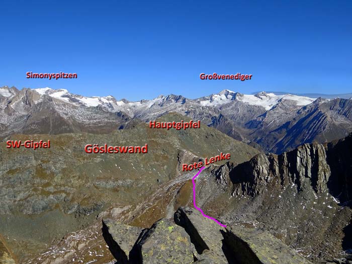 unterhalb der Gratwände queren wir aus dem Finsterkar hinaus in die Rote Lenke, aus der ein markierter Steig auf die beiden Gösleswandgipfel führt unterhalb der Gratwände queren wir aus dem Finsterkar hinaus in die Rote Lenke, aus der ein markierter Steig auf die beiden Gösleswandgipfel führt