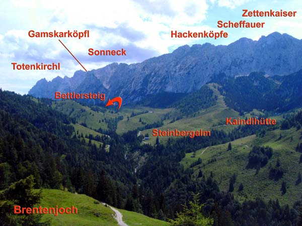 westl. Kaisergebirge von NW (Brentenjoch); der erst zu überschreitende Gamskogel liegt links außerhalb des Bildes