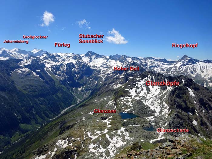 ... und der Alpenhauptkamm; in der Glanzscharte beginnt der Südl. Ödkamm über weitere zehn Klettergipfel bis in die Grünwinkelscharte zwischen Salzplattensee und Amertaler See