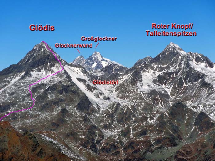 Glödis in prominenter Begleitung von Süden, vom Schleinitz-Klettersteig (s. Archiv Bergsteigen)