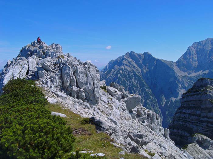 ein kurzer Schuttsteig führt auf den Gipfel des Fäustling; hinten Zwillingkogel, Kreuz, Arzlochscharte und Gr. Priel