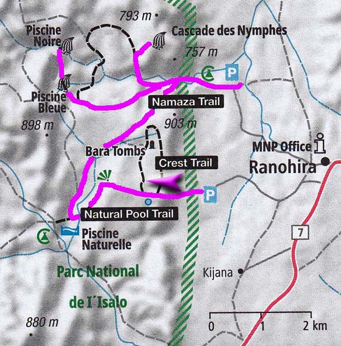 Karte Trails; die Satrana Lodge mit ihrer von Erich erkundeten Haustour an der Südspitze des Isalo-Gebirges liegt etwa 5 km ssw. von Ranohira etwas abseits der Nationalstraße 7 Karte Trails; die Satrana Lodge mit ihrer von Erich erkundeten Haustour an der Südspitze des Isalo-Gebirges liegt etwa 5 km ssw. von Ranohira etwas abseits der Nationalstraße 7