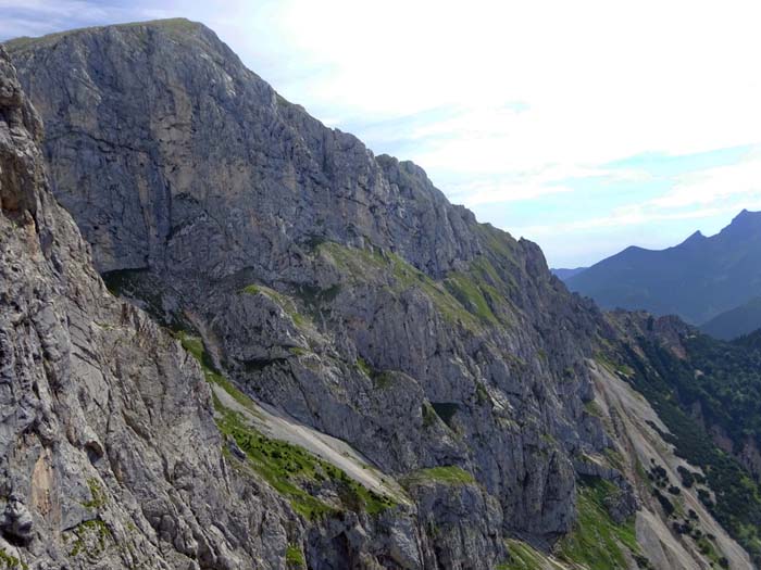 die Kaiserschild-Südwestwand von etwas weiter oben; unser Klettersteig zieht vom dunkelgrünen Band links kompromisslos durch die steilste Wandzone