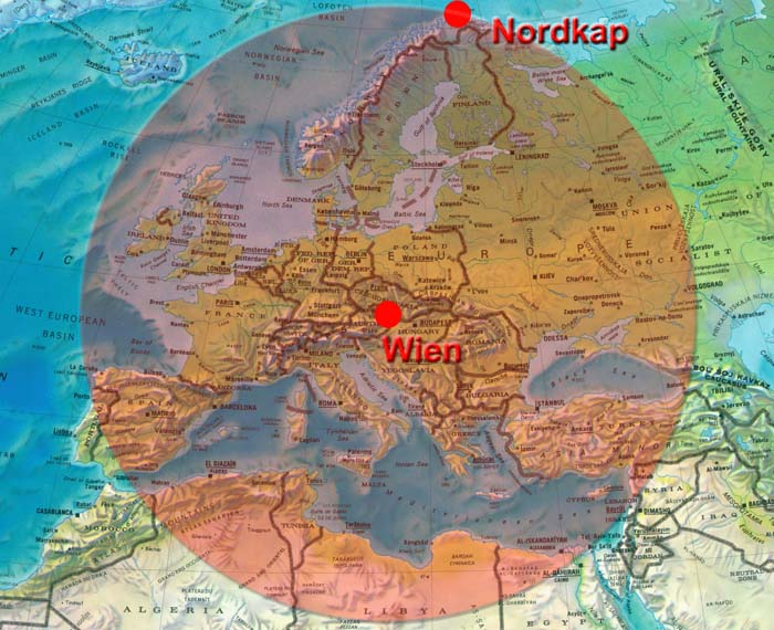 Distanz Mitteleuropa-Nordkap im Vergleich