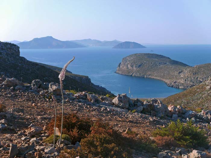 Blick auf die Sikatibucht und die Insel Leros