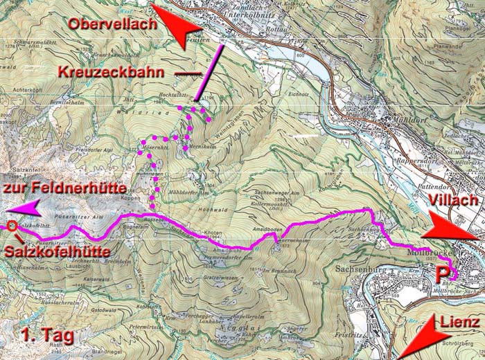 Karte Tag 1 mit beiden Zustiegsvarianten; der Kreuzeck-Highwalk, ein Berglaufbewerb, bei dem die Gesamtdistanz an einem Tag zurückgelegt wird, startet in Möllbrücke
