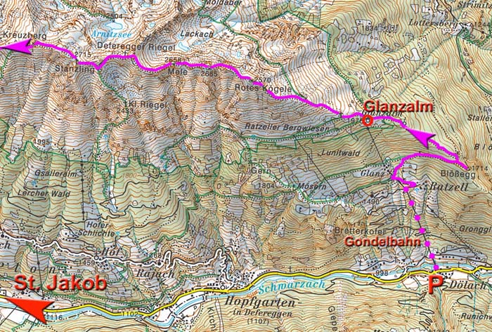 Karte Dölach - Glanzalm (erster Tag) und erster Teil der Überschreitung (zweiter Tag)
