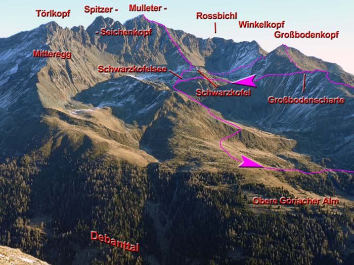 der Normalweg auf den Mulleter Seichenkopf ist zwar markiert, verlang aber einiges an alpiner Erfahrung; gepunktet die Zustiegsvariante über den Großbodenkopf