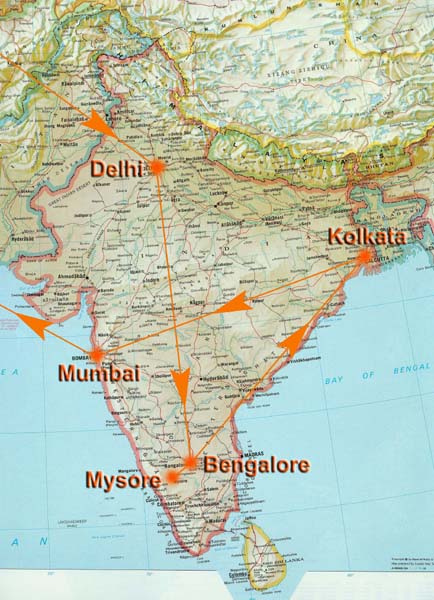 Übersicht Indien; unsere beiden Ziele befinden sich im Umkreis von Bangalore