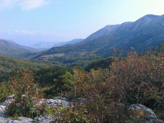 vom Aussichtsplatz ca. 50 Hm unterhalb unseres Startpunktes am Treskavac-Sattel überblicken wir das Tal von Baška; rechts unser Höhenkamm, ganz vorne die sonnenbeschienene Insel Privić