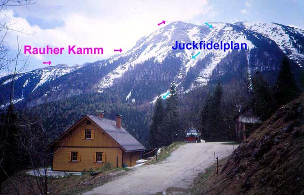 Raneck ist der Ausgangspunkt für unsere Tour; die Rinne der Juckfidelplan ist eine der steileren Schiabfahrten vom Ötscher