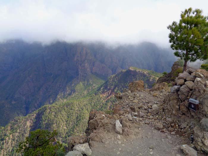 im Osten Rückblick zu unserm Roque de los Cuervos, links darunter der Einschnitt der Cumbrecita, im Nebel darüber die Punta de los Roques, welche bereits die 2000m-Grenze übersteigt