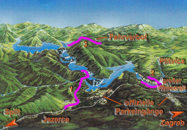 Panoramakarte Plitvicer Seen; die eingetragenen Routen (1) bis (3) belegen unsere Wanderungen im Park