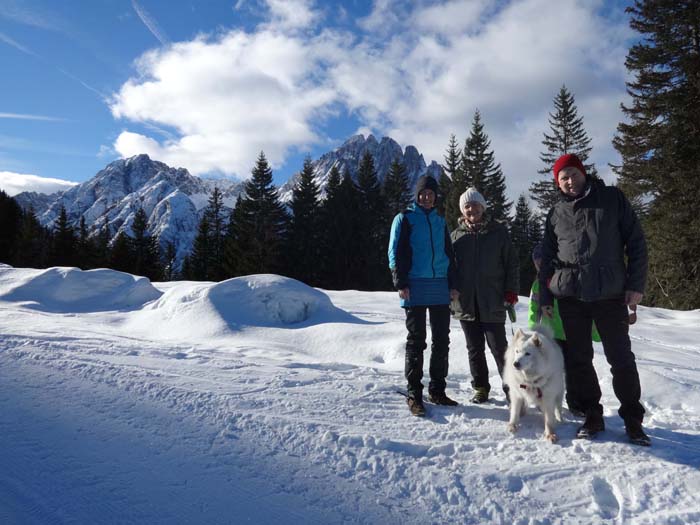 der Normalweg beginnt etwas nördlich unterhalb der Lienzer-Dolomiten-Hütte; mit von der Partie diesmal Vesna und John mit deren Samojedenhündin Laska; im Hintergrund der Spitzkofel