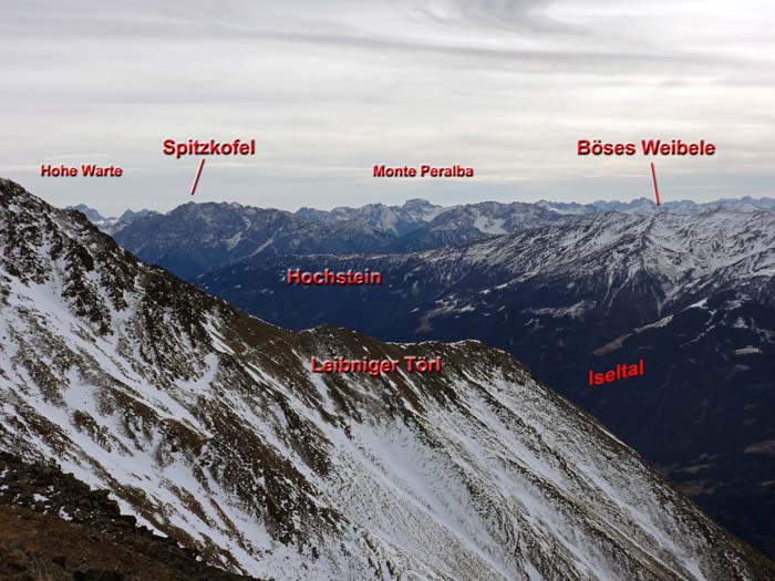 Gipfelblick vom Nordwestl. Riegelkopf nach Süden auf Lienzer Dolomiten und Karnischen Hauptkamm