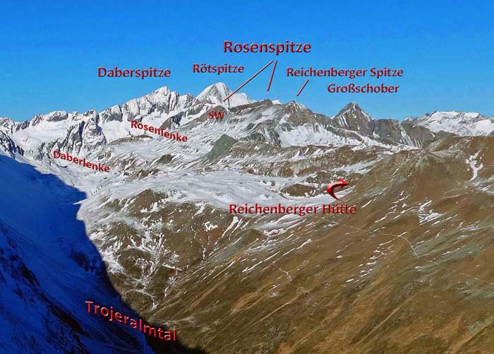 die „doppelgiebelige“ Rosenspitze von Südosten (Weißes Beil, Panargenkamm) die „doppelgiebelige“ Rosenspitze von Südosten (Weißes Beil, Panargenkamm)