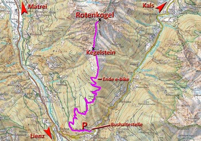 Karte Südkamm; ein E-bike verkürzt den Anstieg um die Hälfte; reist man öffentlich an, kann man die knapp 1800 Aufstiegshöhenmeter mit der Überschreitung des Berges, der Gondelbahn nach Kals und dem Bus zurück nach Oberpeischlach versüßen Karte Südkamm; ein E-bike verkürzt den Anstieg um die Hälfte; reist man öffentlich an, kann man die knapp 1800 Aufstiegshöhenmeter mit der Überschreitung des Berges, der Gondelbahn nach Kals und dem Bus zurück nach Oberpeischlach versüßen