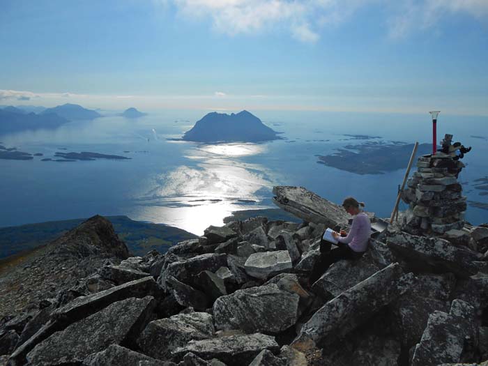 im SW die Insel Fugløya; an ihren fantastischen Felsen findet seit 2009 alljährlich anfang August ein Kletterfestival statt