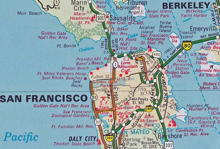 als günstiger Ausgangspunkt für unsere Stadtrunde gegen den Uhrzeigersinn dient uns ein Motel gegenüber der Südwestecke des Golden Gate Parks; für Spaziergänge im Park oder am Strand braucht man nur über die Straße zu gehen