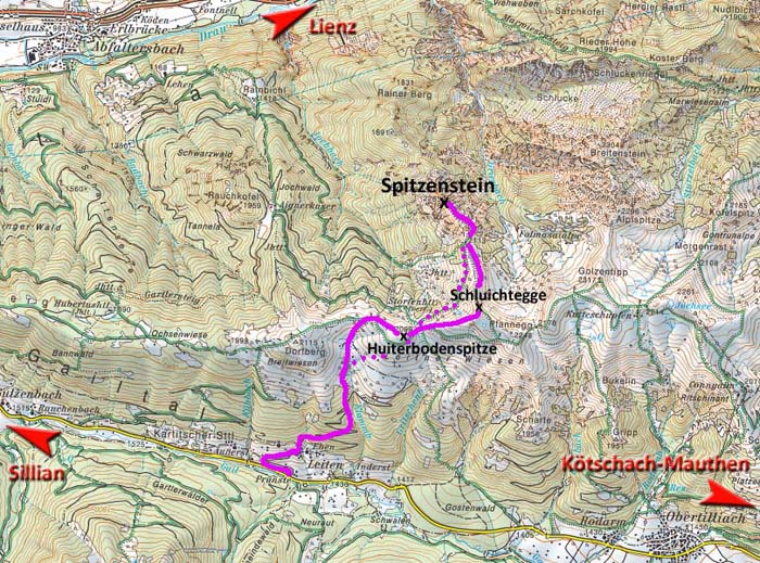 Karte; auf der gepunkteten Route (Umgehung der Gipfel) können Eilige 200 Hm einsparen