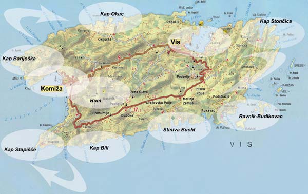Karte mit unseren neun Erlebnistouren rund um die Insel; den Hum und die Tito Höhle besuchen wir in einem eigenen Bericht