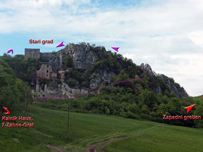 eine lohnende Verlängerung der Tour: die „Überschreitung“ der Burg östlich des eigentlichen 7-Zähne-Grates; man quert durch die unteren Teile der Ruine (und damit des Sektors F des Klettergartens) ...
