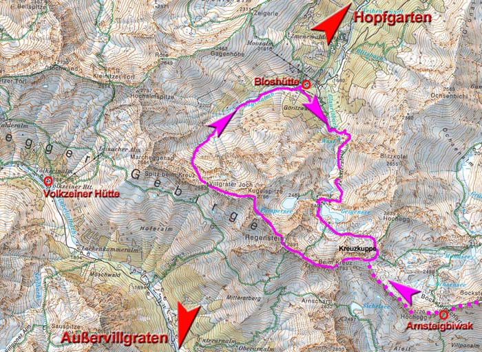 Karte Kreuzkuppe - Villgrater Joch