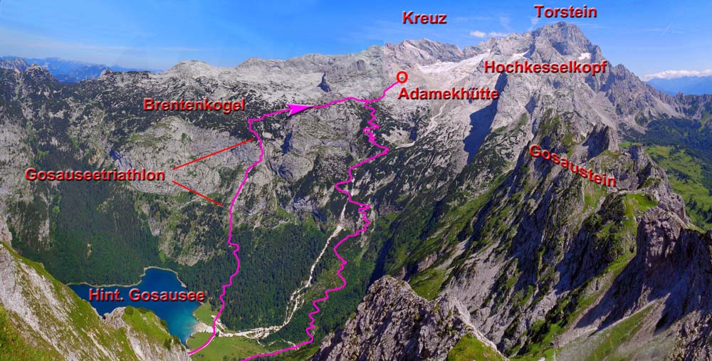 die Route samt Abstieg ab Hinterem Gosausee, gesehen von Westen (Mitterkogel); dazu kommen noch je 7 km für Anmarsch und Rückweg