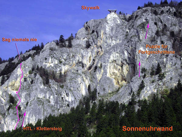 die westlichen Ausläufer der Sonnenuhrwand mit dem HTL-Klettersteig und der neuen Sportkletterroute „Sag niemals nie“