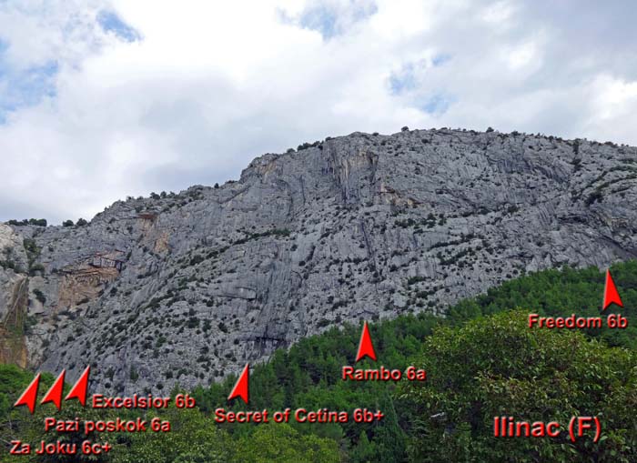 rechts davon die Riesenwand des Ilinac (Sektor F); mit 300 m die längste Linie hier Secret of Cetina
