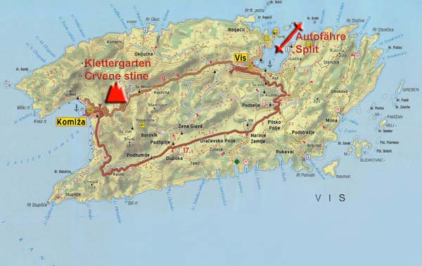 Karte Vis mit dem Klettergarten Crvene stine