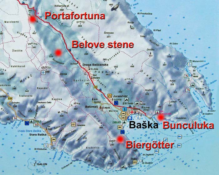 Karte Klettersektoren rund um Baška