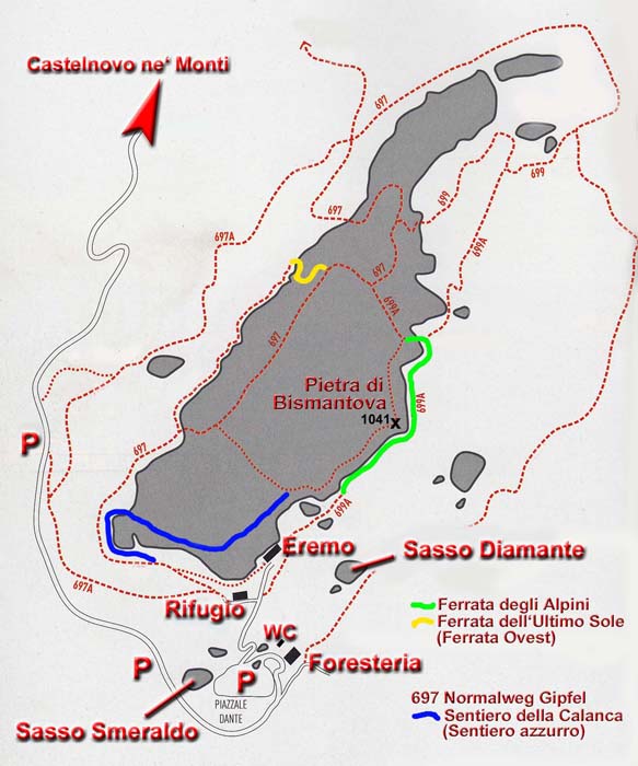 Karte mit der Lage der beiden behandelten Klettergartensektoren