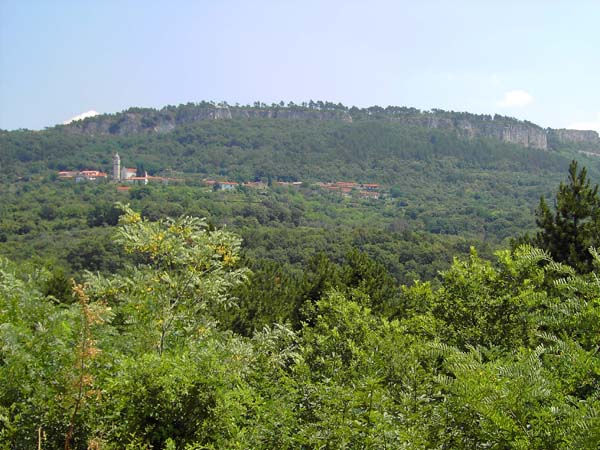 Črni Kal von Westen; der Felsgürtel über der Stadt erstreckt sich mit Unterbrechungen über 40 km nach SO bis zum Učka und bietet unerschöpfliches Potenzial