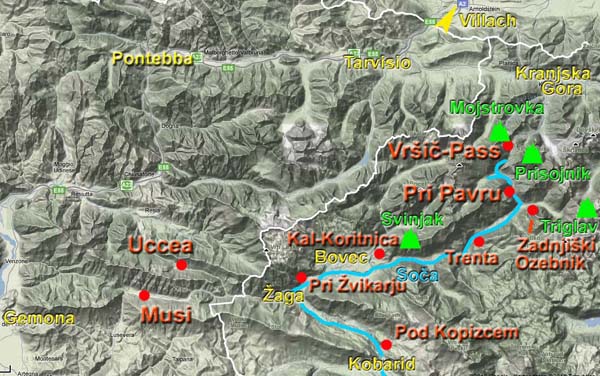 Karte; die besprochenen Klettergärten orange, über die grünen Berggipfel findet ihr eigene Berichte in unserem Archiv Bergsteigen