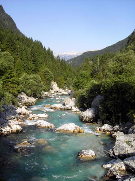 der stark verblockte Oberlauf des Flusses strebt durch die Trenta dem Ort Bovec entgegen