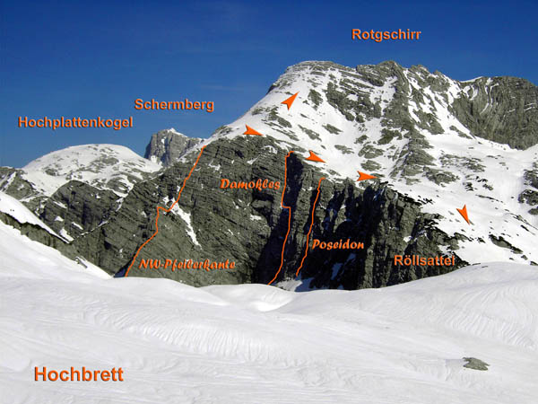 die Ausstiege unserer Rotgschirr-Touren vom Anstieg aufs Hochbrett (Hochkogel); der Aufstieg zum Gipfel erfordert zusätzliche 200 Hm. Ganz so widerstandslos wie auf dem Bild, wo sich das labyrinthische Karrengelände tief verschneit zeigt, ist der Abstieg zum Röllsattel im Sommer allerdings nicht