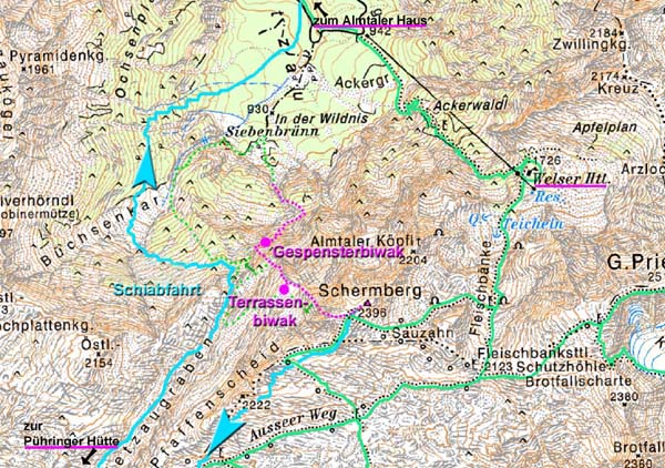 Detailkarte Nordwand und Schiabfahrt