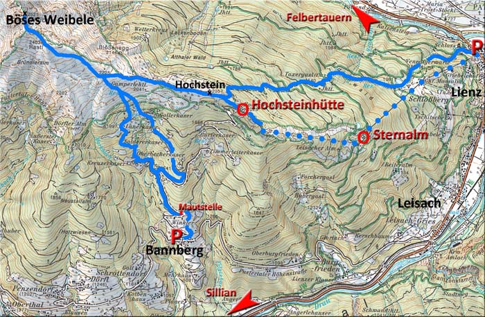 Karte; „Russenweg“ bzw. Liftauffahrt zur Hochsteinhütte, Übergang bzw. Südostanstieg zum Bösen Weibele