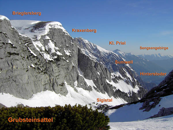 oberhalb der Sigistalhöhe bietet der Sattel zwischen Grubstein und Gamsspitz einen schönen Blick aufs obere Sigistal und unsere beiden heutigen Gipfel