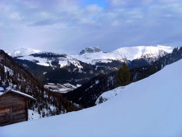 unser Höhenkamm von S (Schöntalwiesen, 2080 m): links mit Tonsur der Dorfberg, im Hintergrund der felsige Spitzenstein, das weiße Zäpfchen rechts der Golzentipp